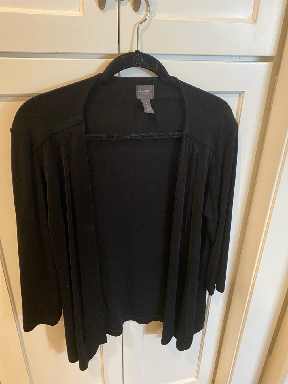 Chicos Travelers Black Open-Front Draped Jacket 3/4 sleeve size 8
